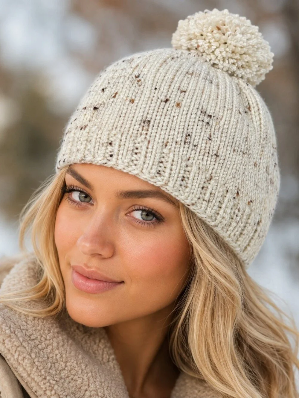 Winter Hat Handmade Speckled Cream Yarn Knit Pom Pom Beanie Womens Accessories